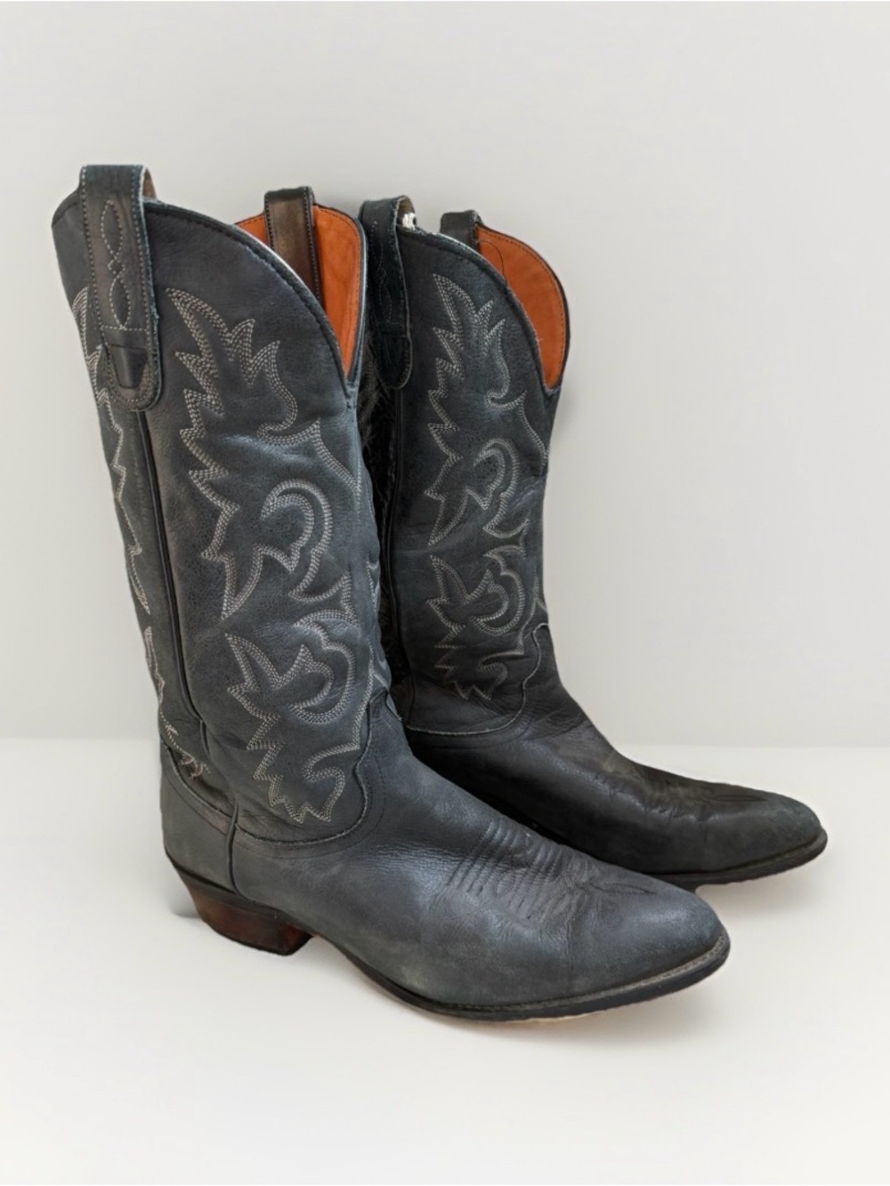 Vintage J. Chisholm Dark Gray Leather Cowboy Boots Women 9.5 Made in USA Western
